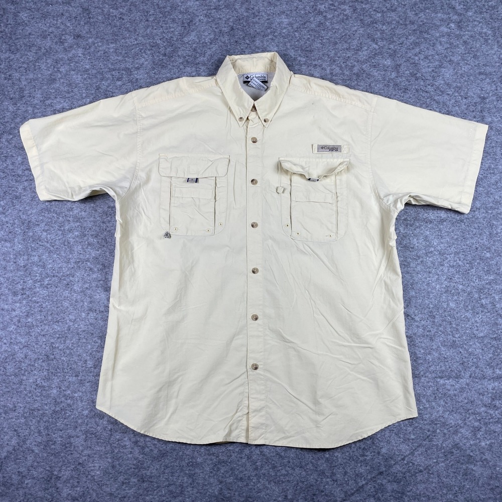 Columbia PFG Fishing Shirt Mens M Yellow Bahama II Short Sleeve Vented